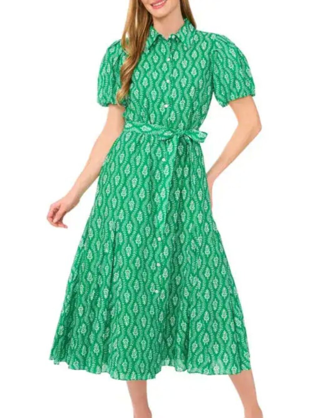 CeCe Floral Tie Waist Midi Shirtdress Green Puff Sleeve Belted Boho Garden Party